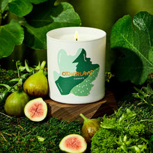 Candle with 'Otherland' branding surrounded by figs and greenery