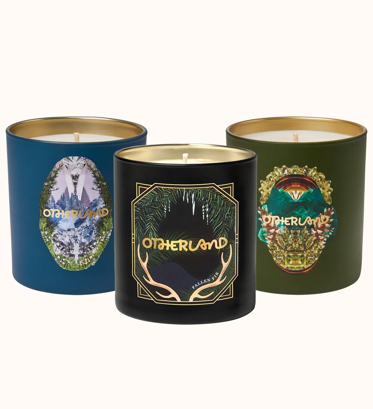 Alpine Crystal, Fallen Fir and Forest Veil Single Wick Candles on a white background