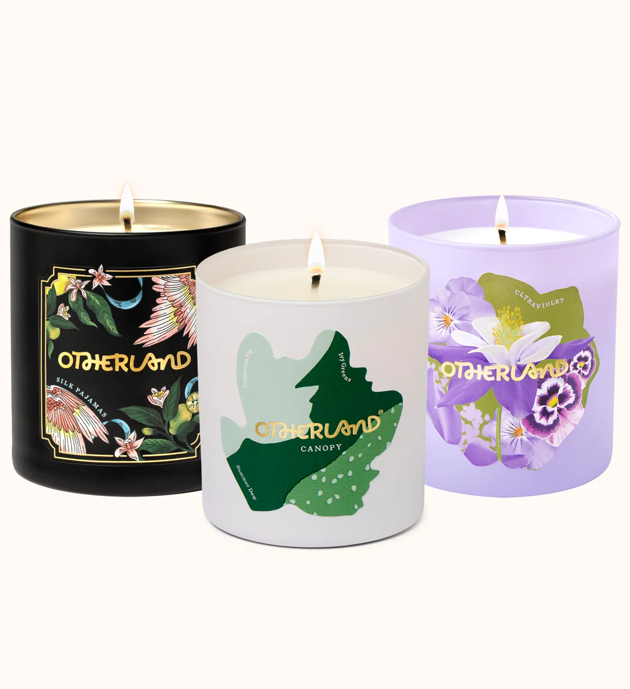 Silk Pajamas, Canopy and Ultraviolet Single Wick Candles on a white background