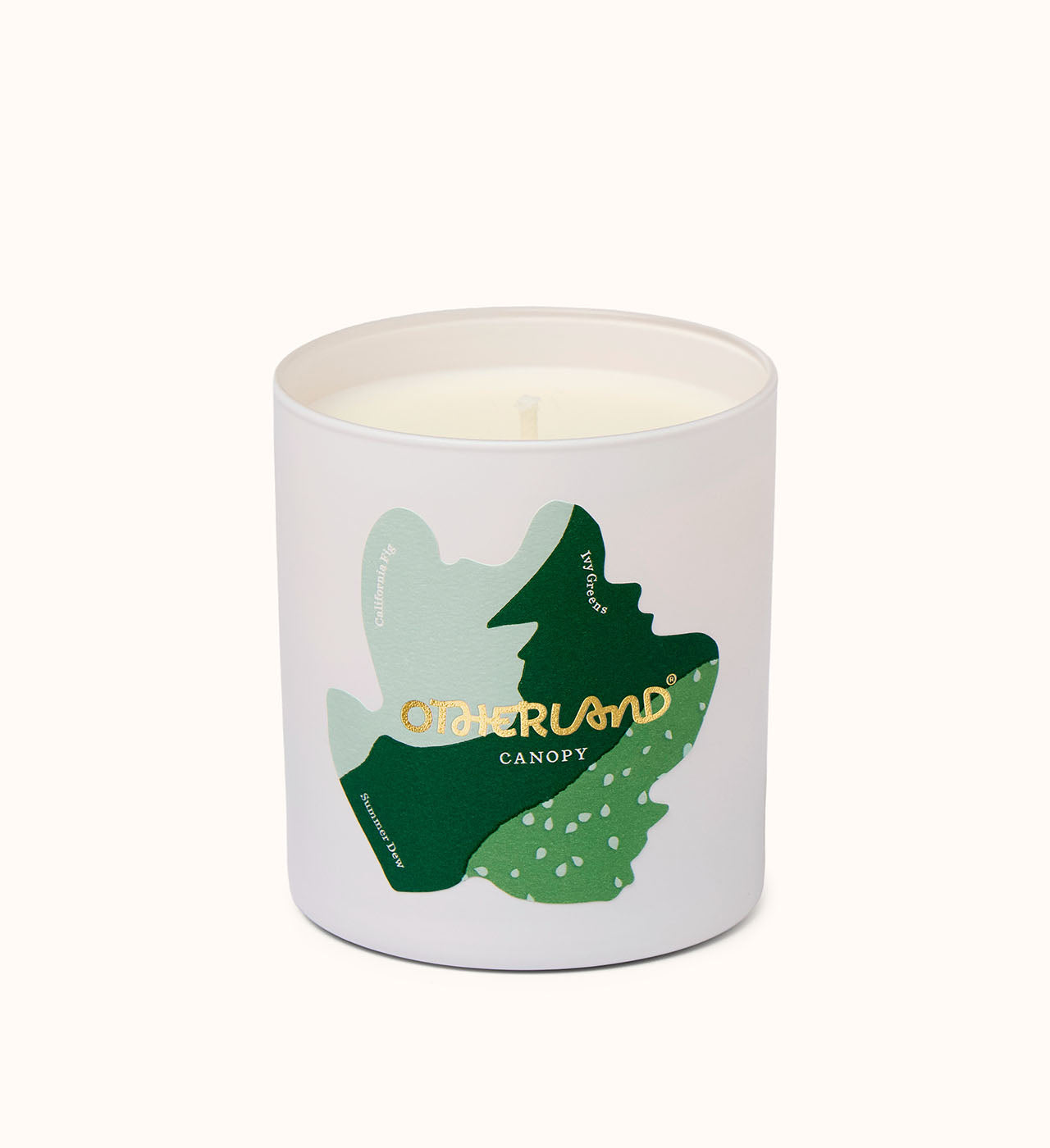 Canopy candle in a container with a green leaf design and 'Otherland' branding on a white background