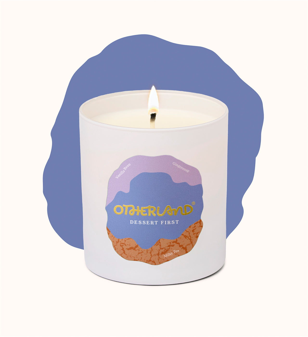 White candle in a container with 'Otherland' branding on a white background