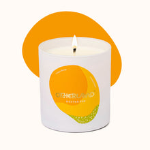 Candle in a white container with a yellow label on a white background