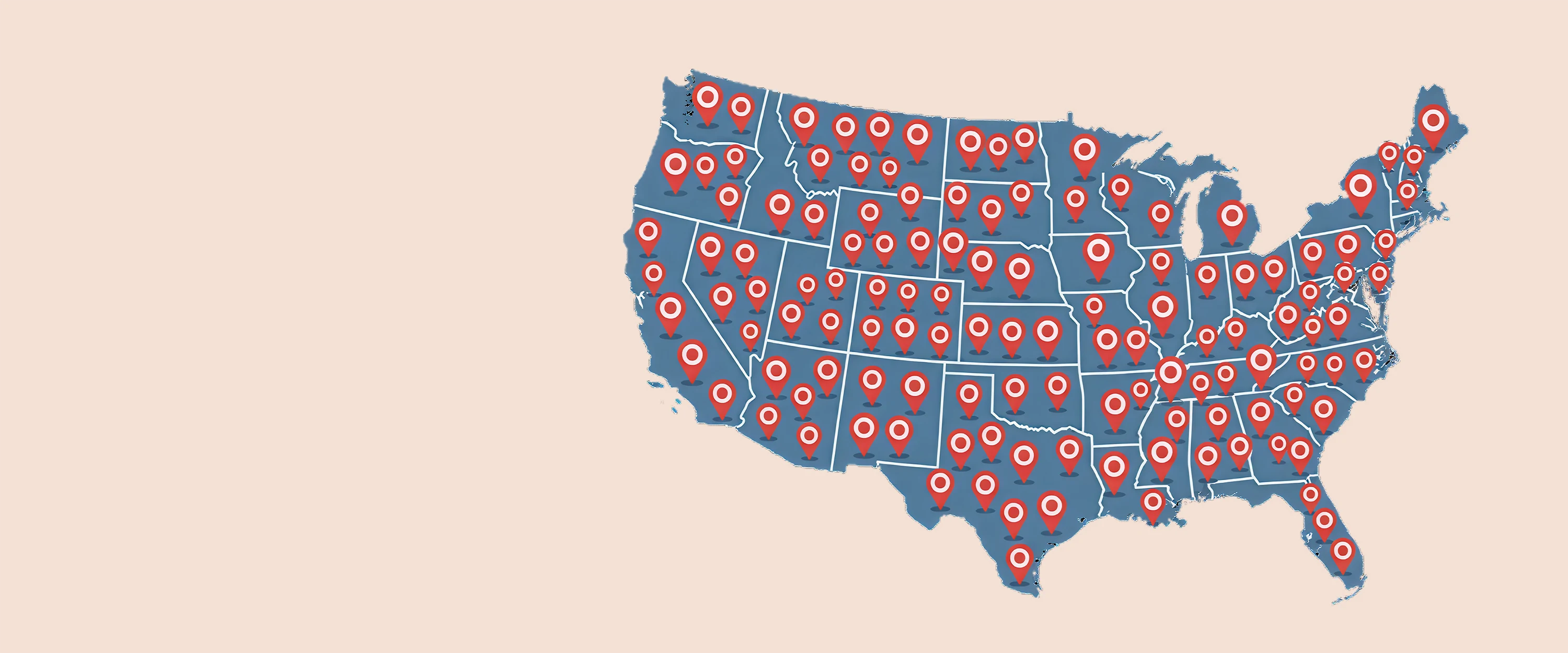 Map of the United States with red markers on a beige background