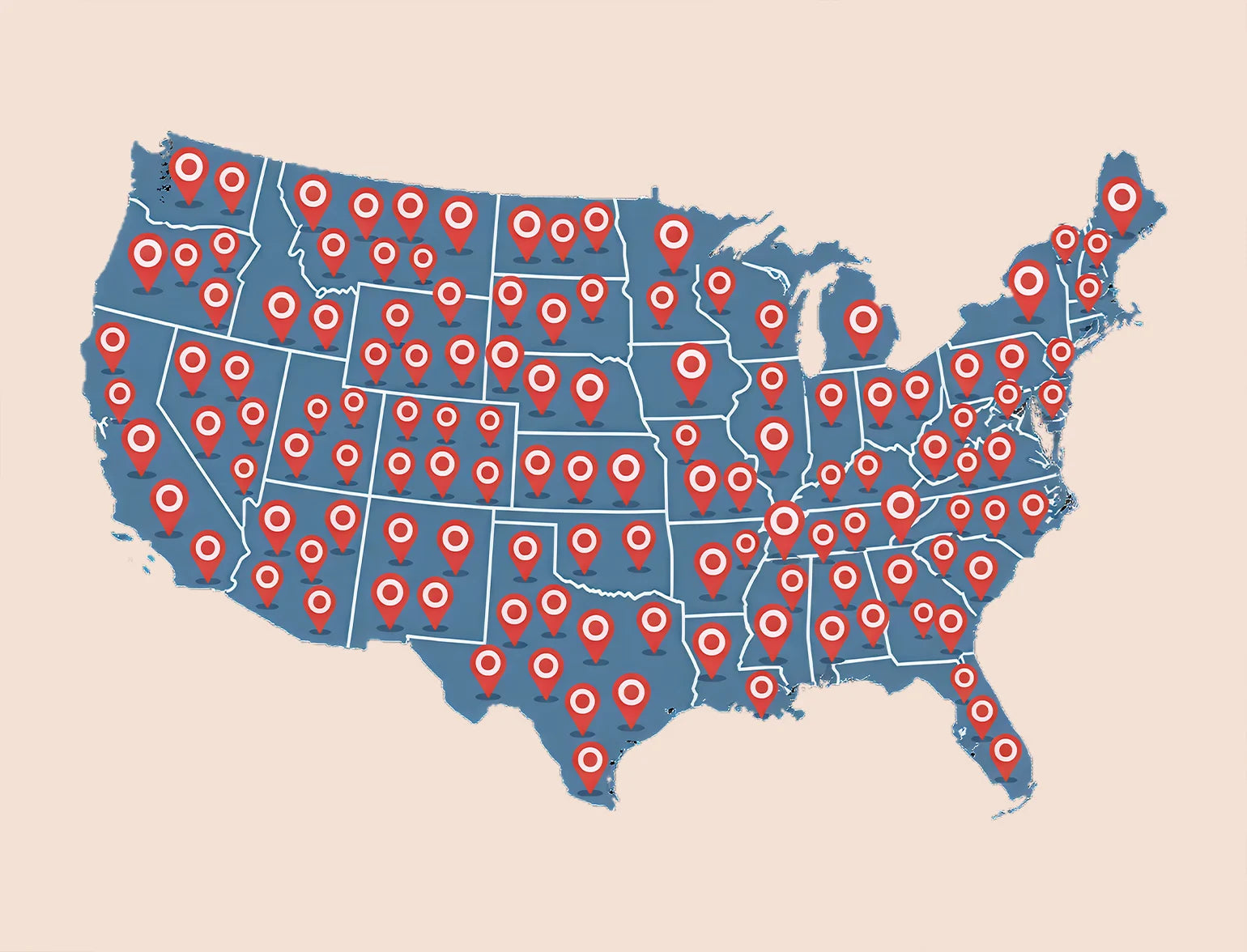 Map of the United States with red pins indicating Target locations