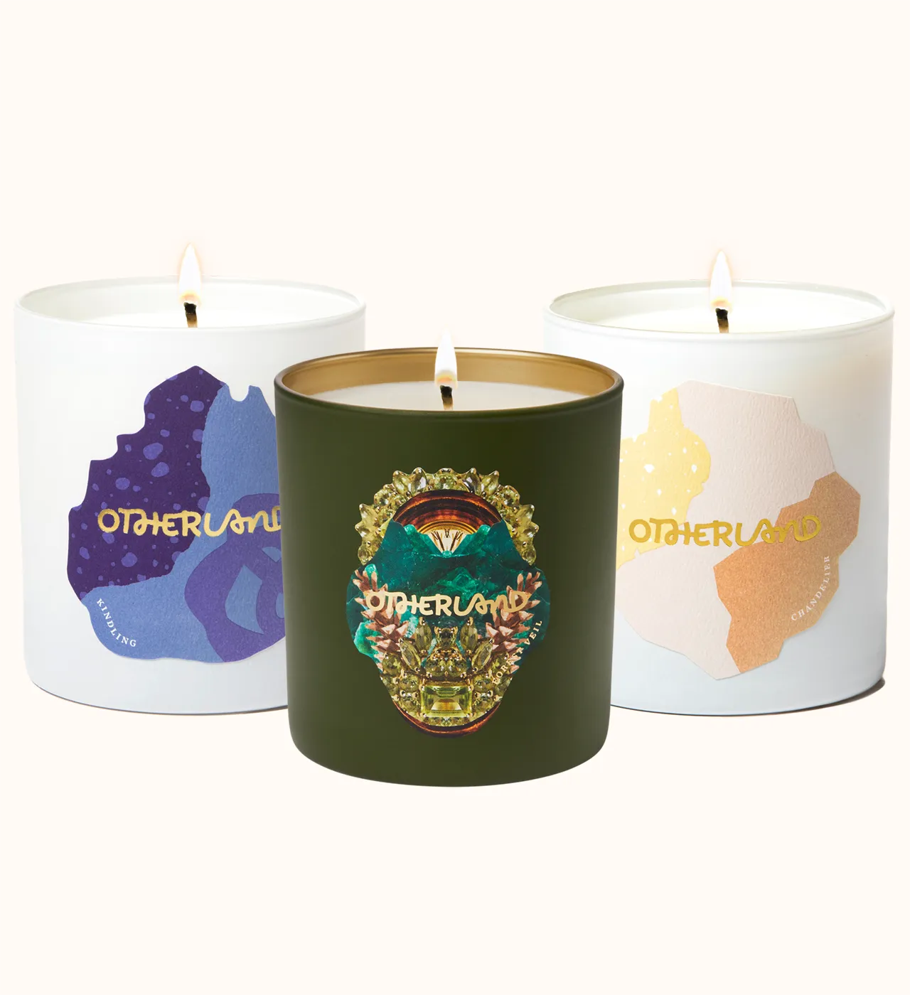 Kindling, Forest Veil and Chandelier Single Wick Candles on a white background