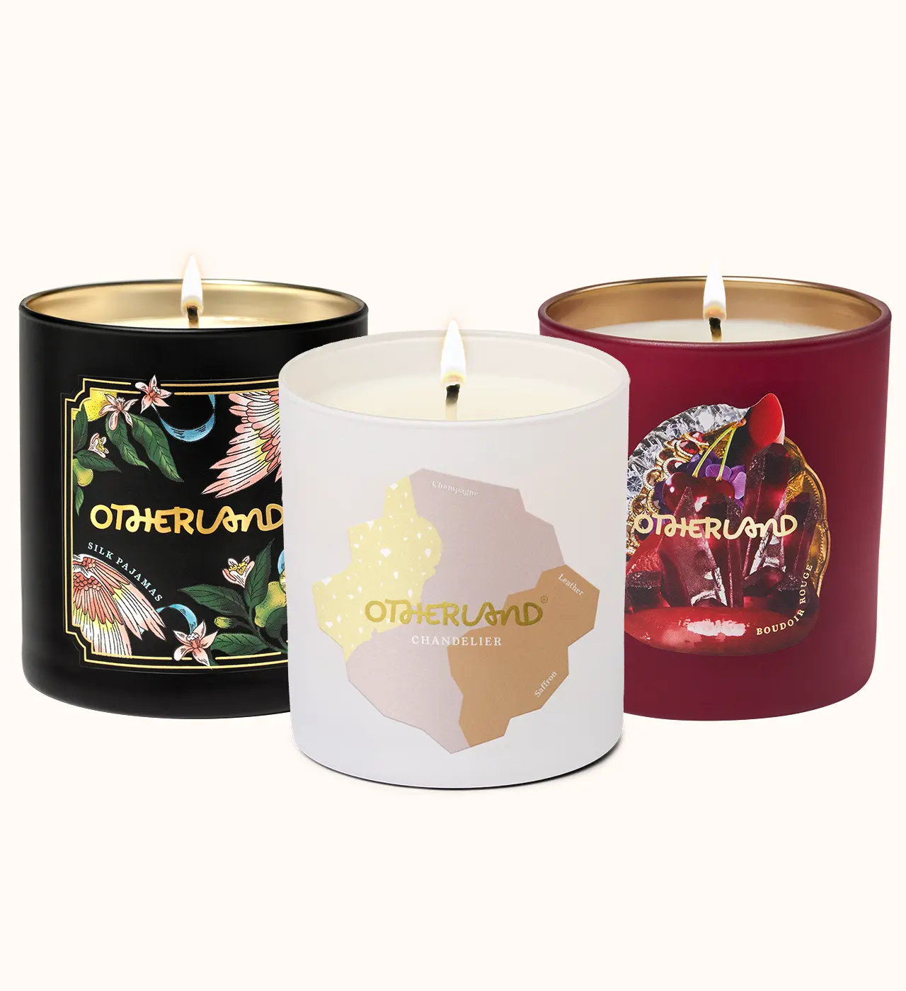 Three scented candles with 'Otherland' branding on a white background