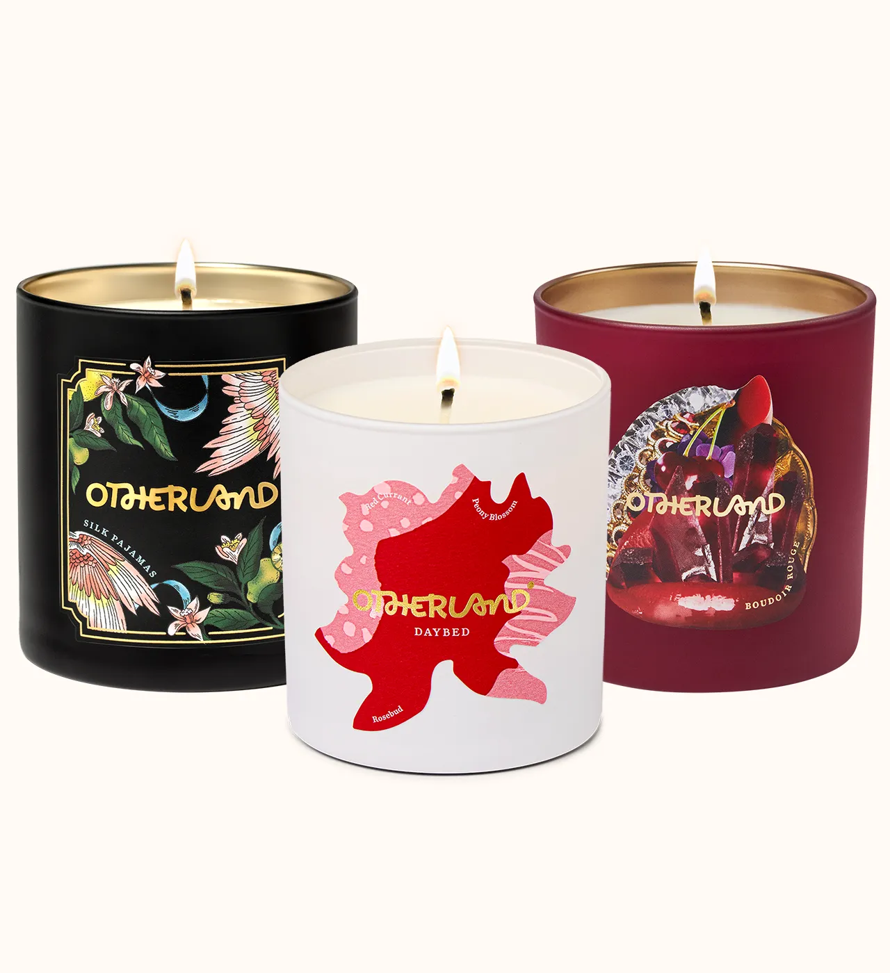 Silk Pajamas, Boudoir Rouge and Daybed Single Wick Candles on a white background