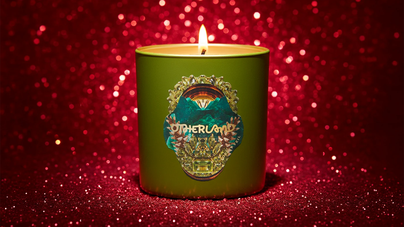 Forest Veil single wick candle on a red glittery background