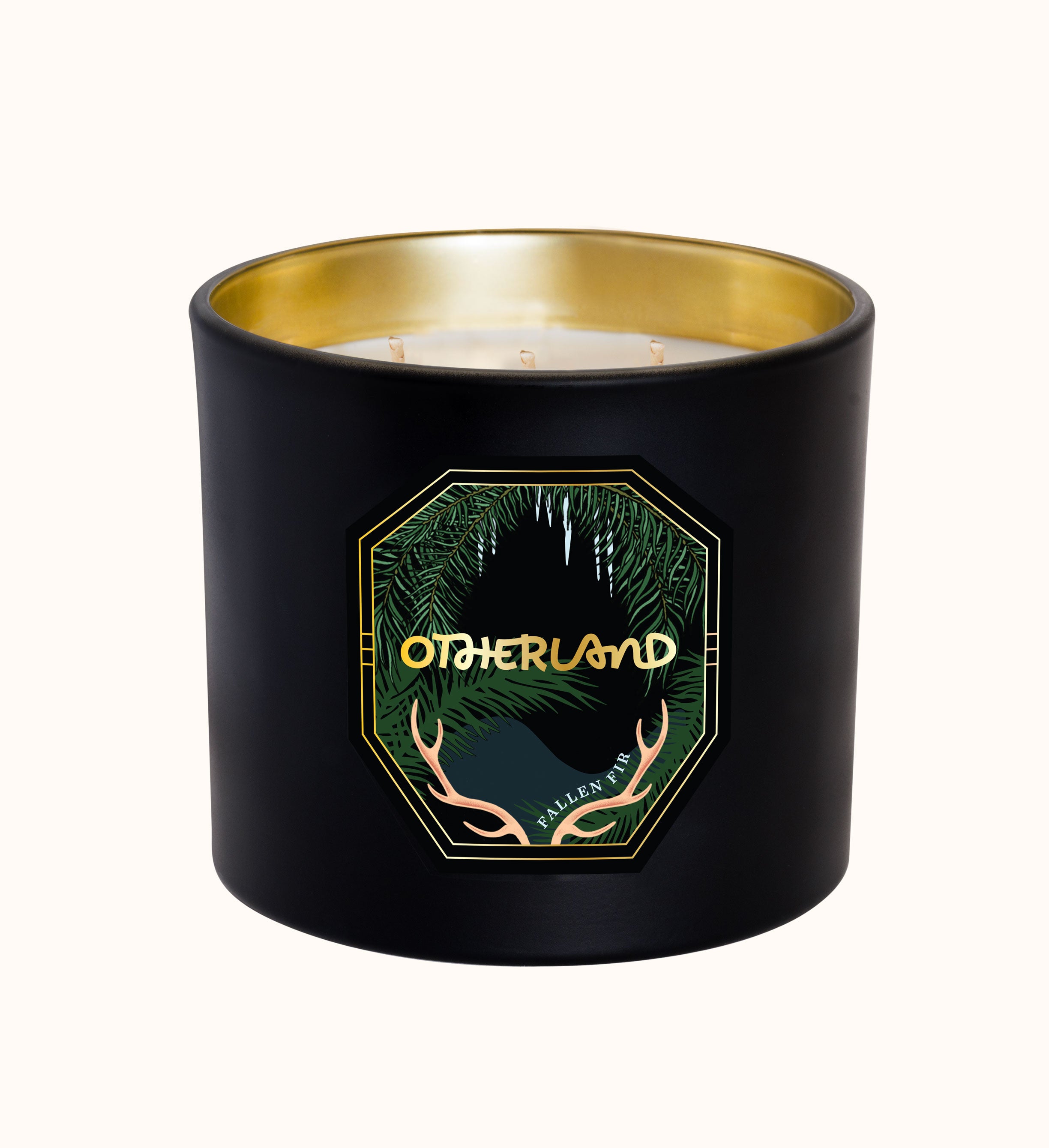 Black candle with gold interior and 'Otherland' logo on a white background